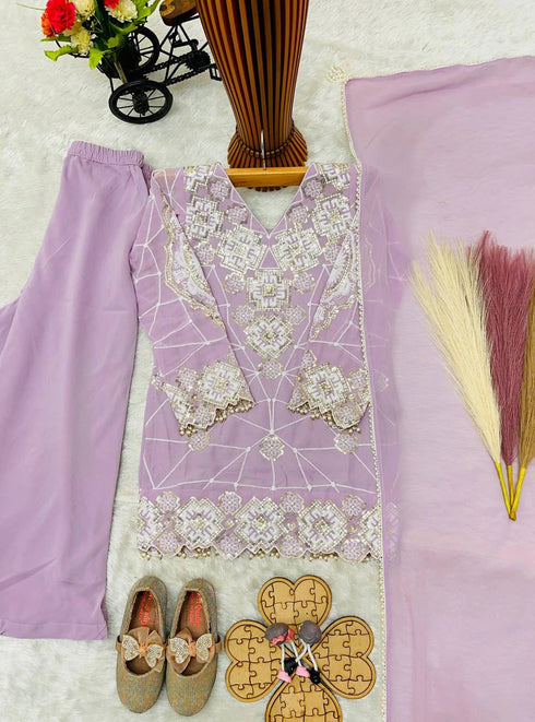 Lavender Heavy Fox Georgette Kid's Salwar Suit - Detail View | Samyak Fashion