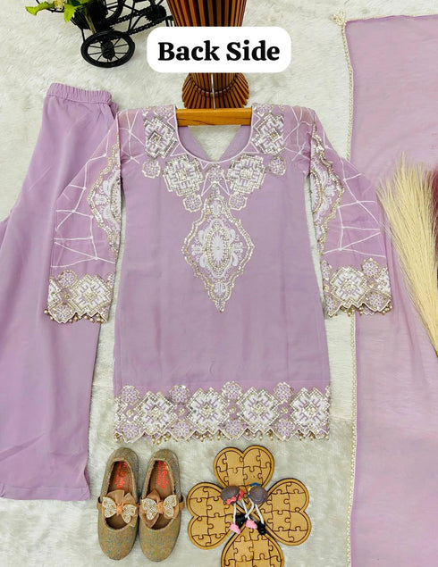 Lavender Heavy Fox Georgette Kid's Salwar Suit - Close-up View | Samyak Fashion