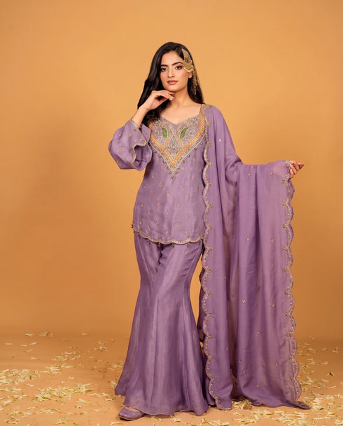 Lavender Heavy Simar Silk Elegant Salwar Suit - Side View | Samyak Fashion