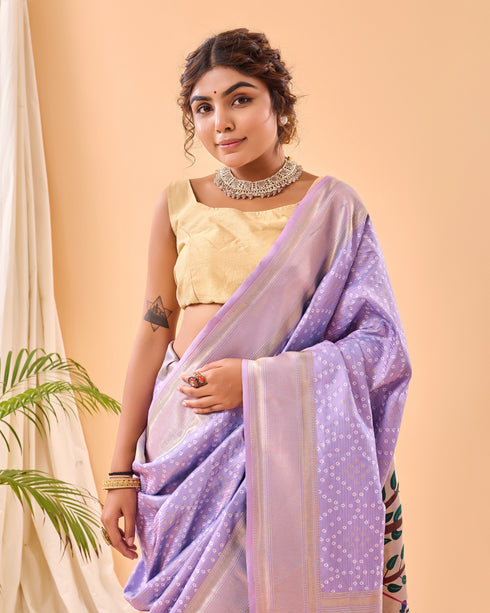 Lavender Pure Silk Party Wear Saree With Blouse - Detail View | Samyak Fashion