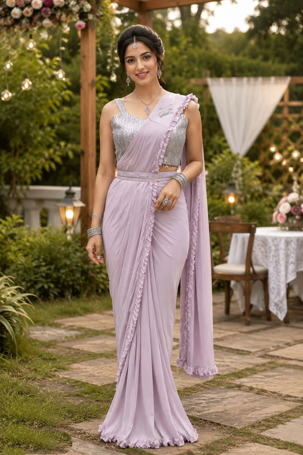 Lavender Real Premium Lycra Saree With Blouse - Front View | Samyak Fashion