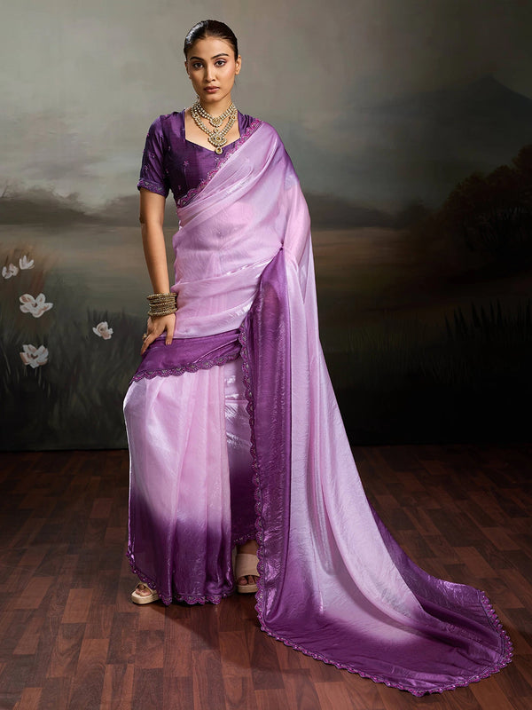 Lavender Satin Elegant Party Wear Saree Collection With Blouse - Front View | Samyak Fashion