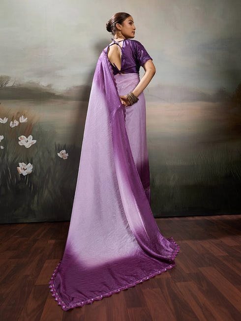 Lavender Satin Elegant Party Wear Saree Collection With Blouse - Detail View | Samyak Fashion