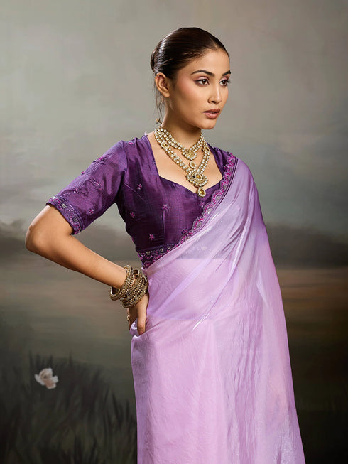 Lavender Satin Elegant Party Wear Saree Collection With Blouse - Close-up View | Samyak Fashion