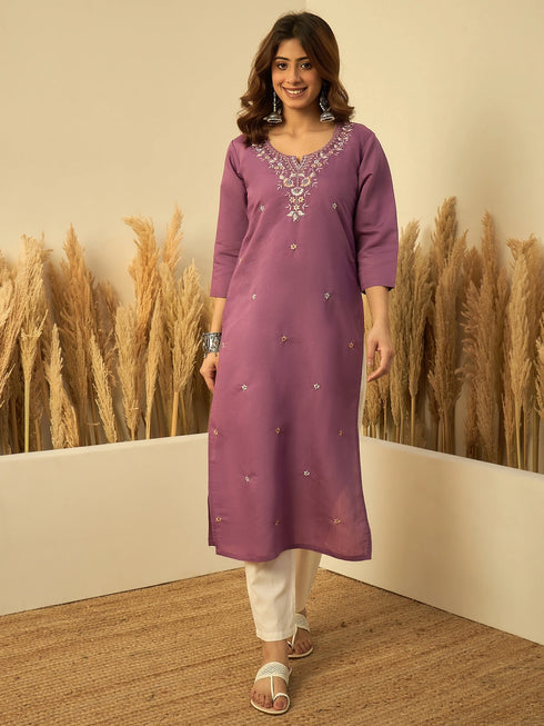 Lavender Silk Blend Long Kurti. - Front View | Samyak Fashion