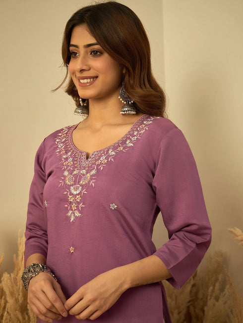 Lavender Silk Blend Long Kurti. - Side View | Samyak Fashion