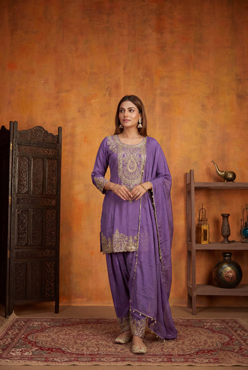 Lavender Simmer Tissue Salwar Suits - Front View | Samyak Fashion