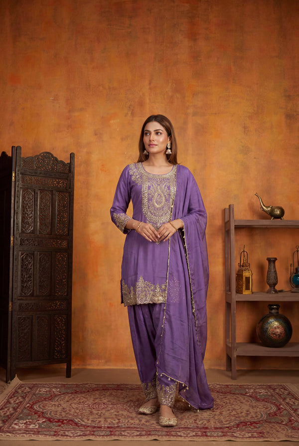 Lavender Simmer Tissue Salwar Suits - Front View | Samyak Fashion