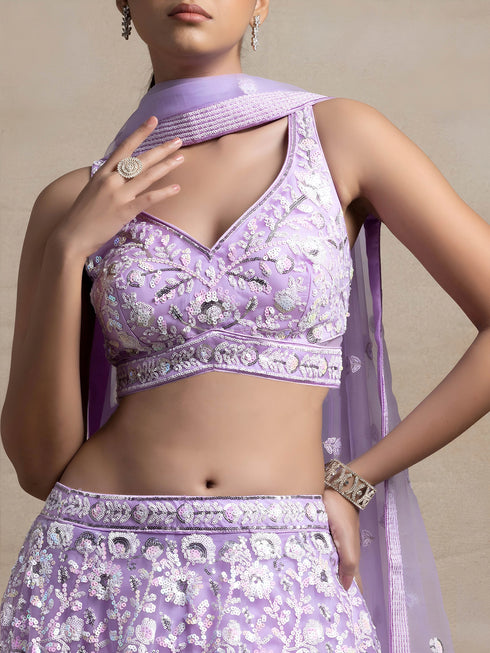 Lavender Soft Net Lehenga Choli - Side View | Samyak Fashion