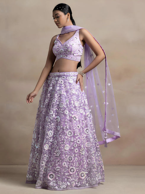 Lavender Soft Net Lehenga Choli - Detail View | Samyak Fashion