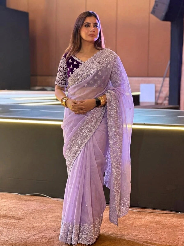 Lavender Soft Organza Party Wear Saree With Blouse - Front View | Samyak Fashion