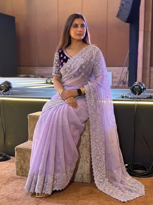 Lavender Soft Organza Party Wear Saree With Blouse - Back View | Samyak Fashion