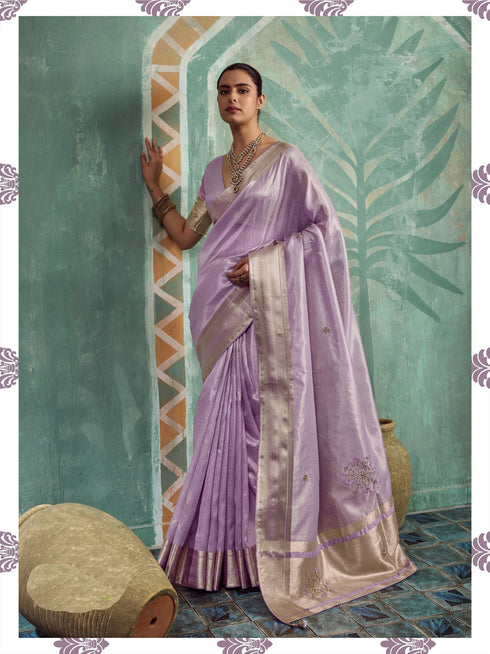 Lavender Tissue Cotton Party Wear Saree With Blouse - Front View | Samyak Fashion