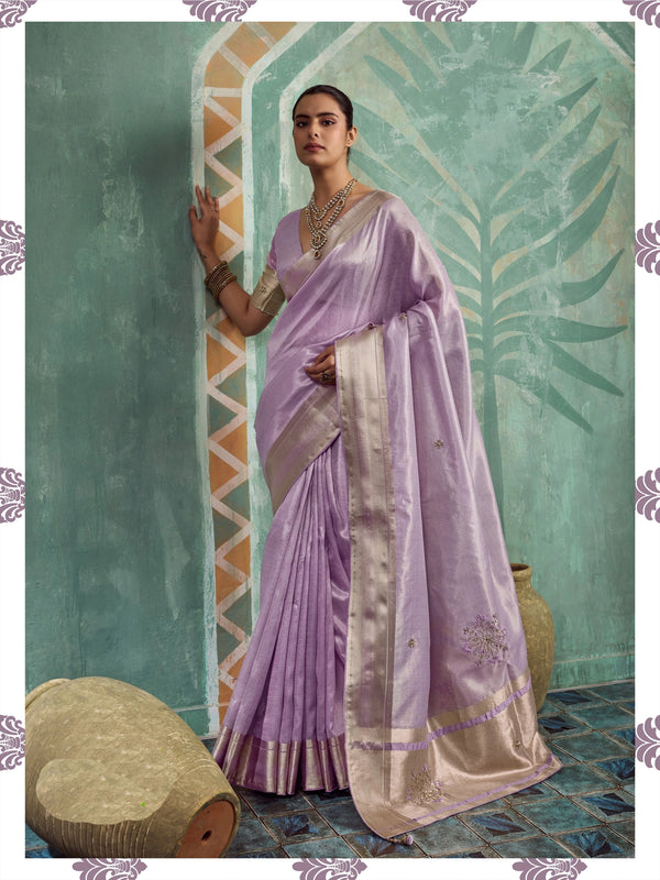 Lavender Tissue Cotton Party Wear Saree With Blouse - Front View | Samyak Fashion