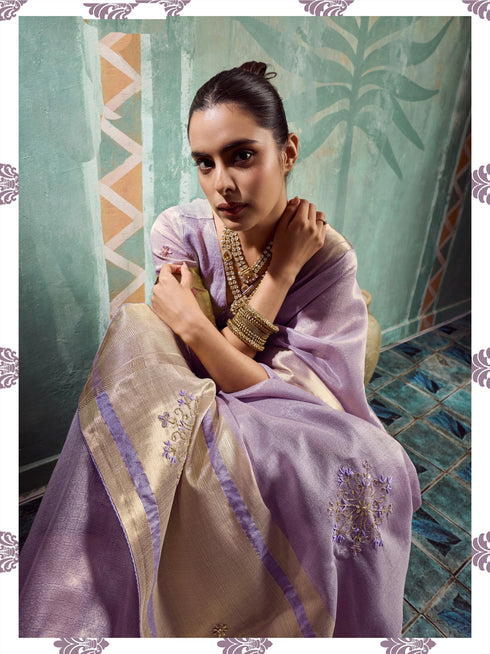 Lavender Tissue Cotton Party Wear Saree With Blouse - Back View | Samyak Fashion