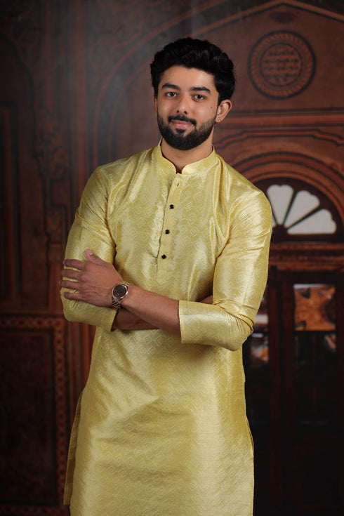 Lemon Art Silk Mens Kurta With Payjama - Side View | Samyak Fashion