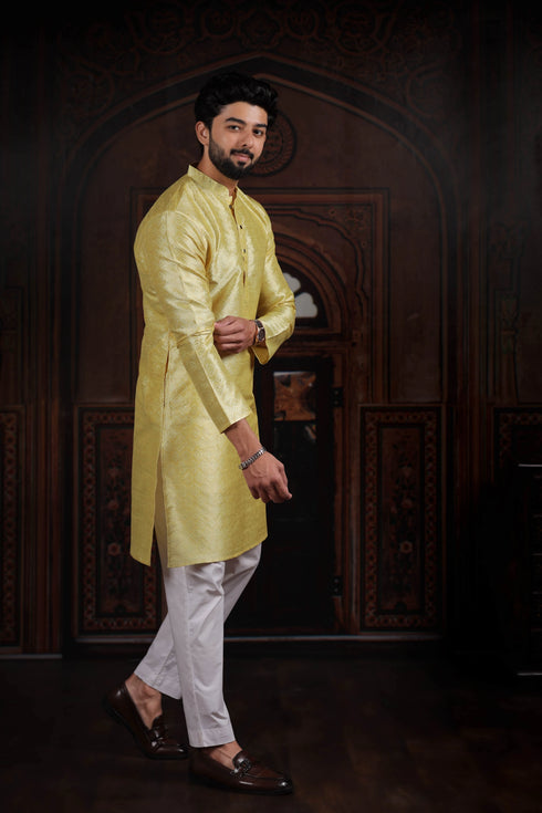Lemon Art Silk Mens Kurta With Payjama - Close-up View | Samyak Fashion