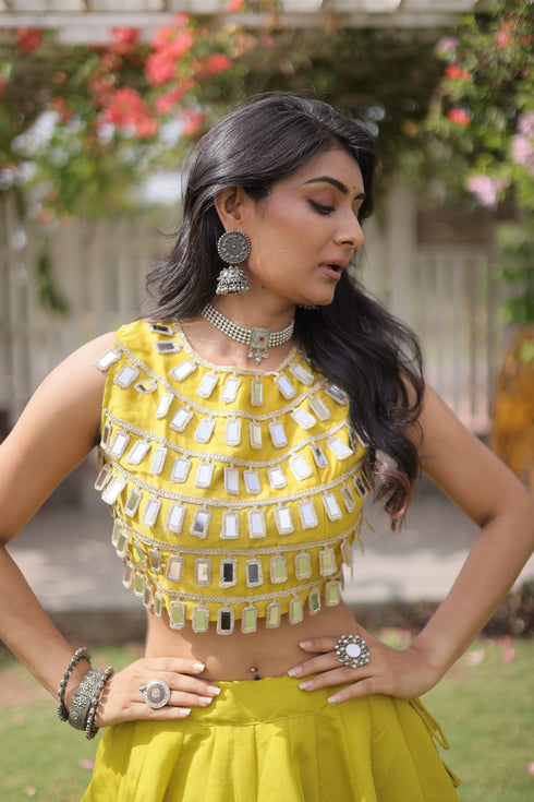Lemon Roman Silk Lahenga Choli - Side View | Samyak Fashion
