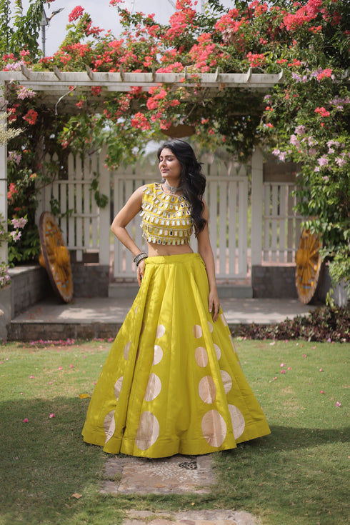 Lemon Roman Silk Lahenga Choli - Detail View | Samyak Fashion