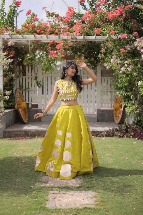 Lemon Roman Silk Lahenga Choli - Close-up View | Samyak Fashion