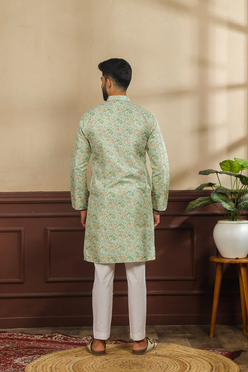 Light Green Art Silk Mens Kurta With Payjama - Back View | Samyak Fashion