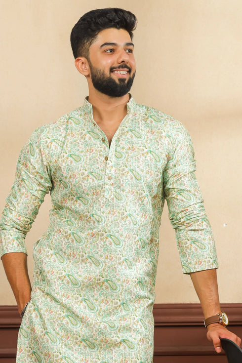 Light Green Art Silk Mens Kurta With Payjama - Side View | Samyak Fashion
