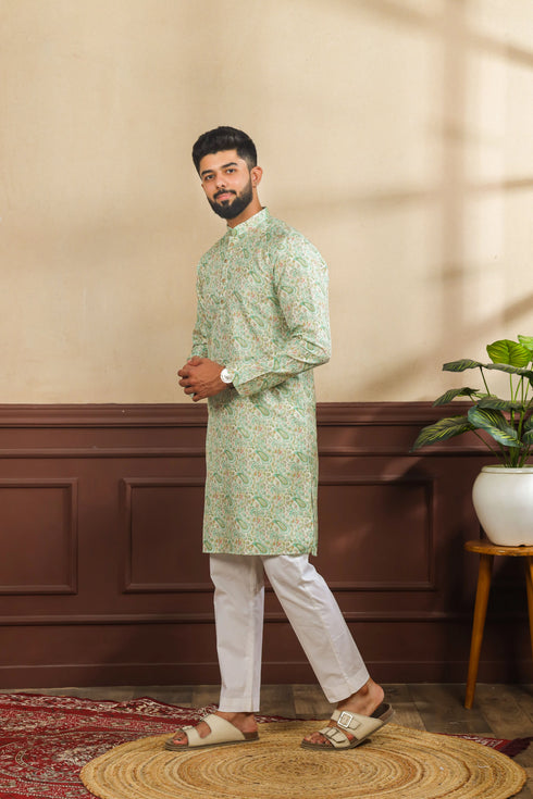 Light Green Art Silk Mens Kurta With Payjama - Detail View | Samyak Fashion