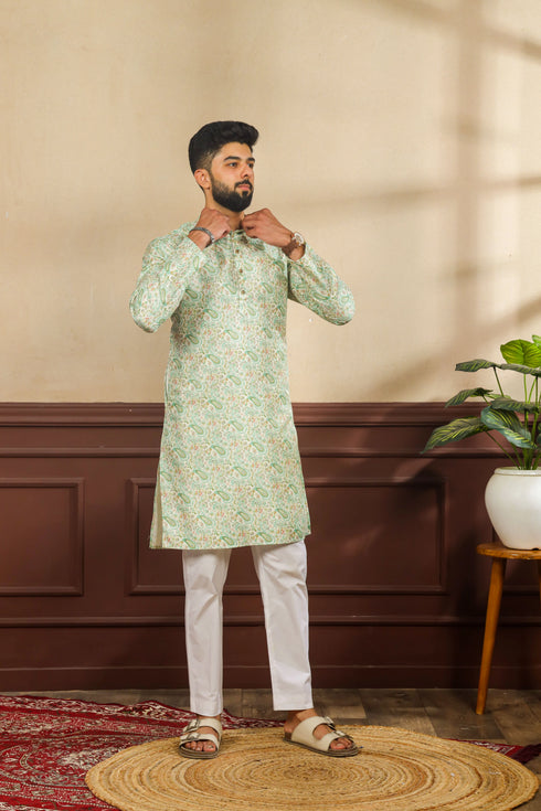 Light Green Art Silk Mens Kurta With Payjama - Close-up View | Samyak Fashion