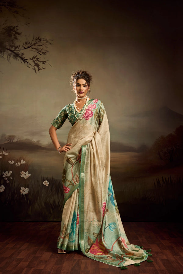 Light Green Jacquard Elegant Party Wear Saree Collection With Blouse - Front View | Samyak Fashion
