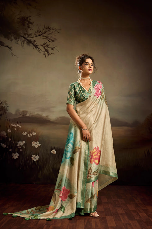 Light Green Jacquard Elegant Party Wear Saree Collection With Blouse - Back View | Samyak Fashion