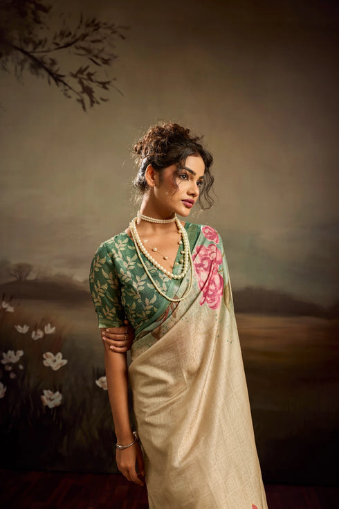 Light Green Jacquard Elegant Party Wear Saree Collection With Blouse - Close-up View | Samyak Fashion