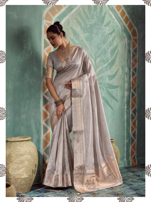 Light Grey Tissue Cotton Party Wear Saree With Blouse - Front View | Samyak Fashion