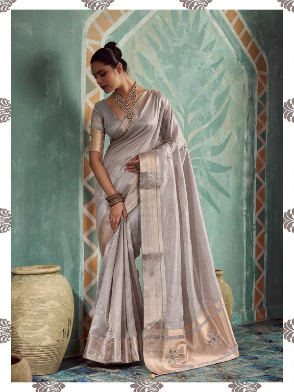 Light Grey Tissue Cotton Party Wear Saree With Blouse - Front View | Samyak Fashion