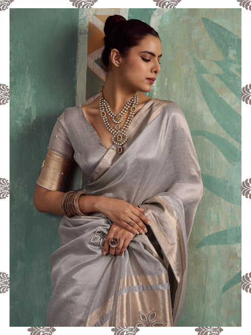 Light Grey Tissue Cotton Party Wear Saree With Blouse - Back View | Samyak Fashion