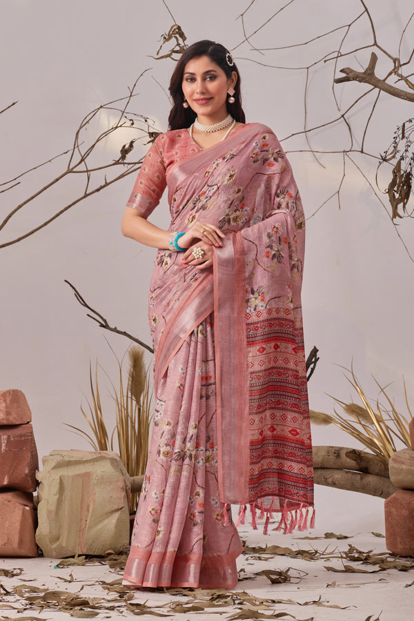 Light Pink Linen Cotton Party Wear Saree With Blouse - Front View | Samyak Fashion