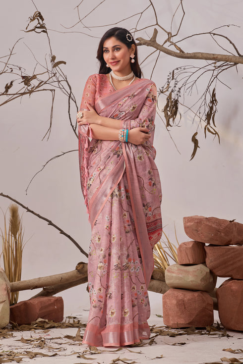 Light Pink Linen Cotton Party Wear Saree With Blouse - Back View | Samyak Fashion