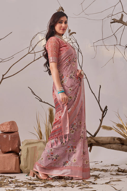Light Pink Linen Cotton Party Wear Saree With Blouse - Side View | Samyak Fashion