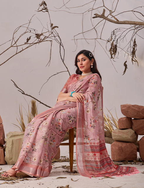 Light Pink Linen Cotton Party Wear Saree With Blouse - Detail View | Samyak Fashion