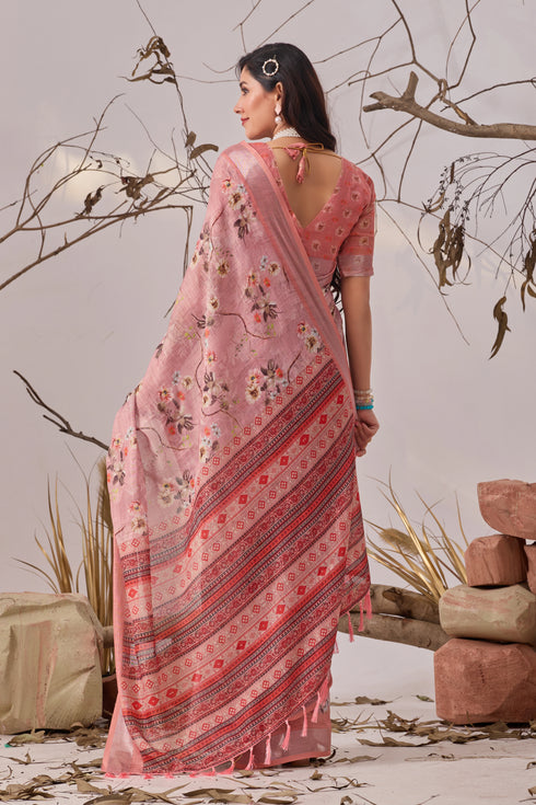 Light Pink Linen Cotton Party Wear Saree With Blouse - Close-up View | Samyak Fashion