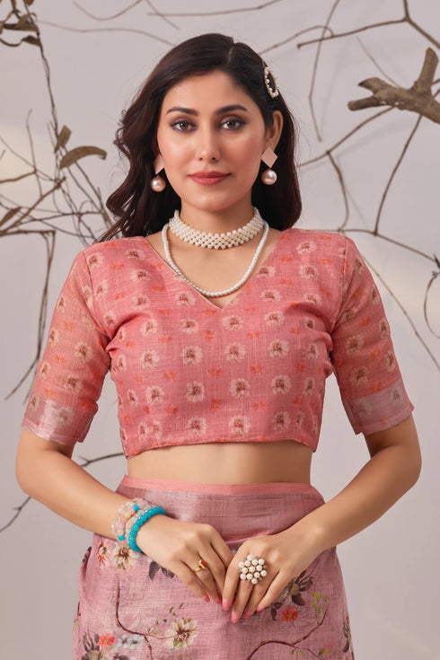 Light Pink Linen Cotton Party Wear Saree With Blouse - Styled View | Samyak Fashion