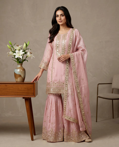 Light Pink Pure Fendy Silk Elegant Salwar Suit - Front View | Samyak Fashion