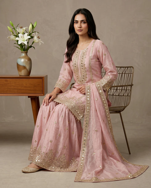 Light Pink Pure Fendy Silk Elegant Salwar Suit - Back View | Samyak Fashion