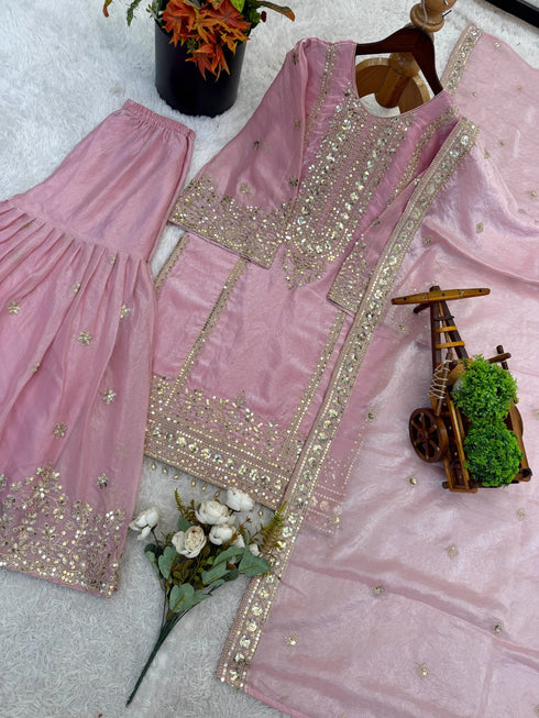 Light Pink Pure Fendy Silk Elegant Salwar Suit - Side View | Samyak Fashion