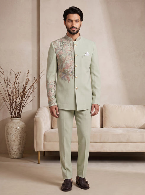 Light Pista Pure Lachka Mens Men's Jodhpuri - Front View | Samyak Fashion