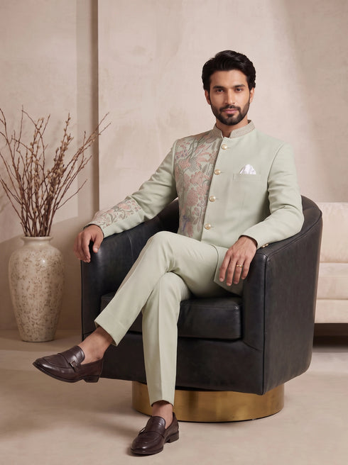 Light Pista Pure Lachka Mens Men's Jodhpuri - Side View | Samyak Fashion