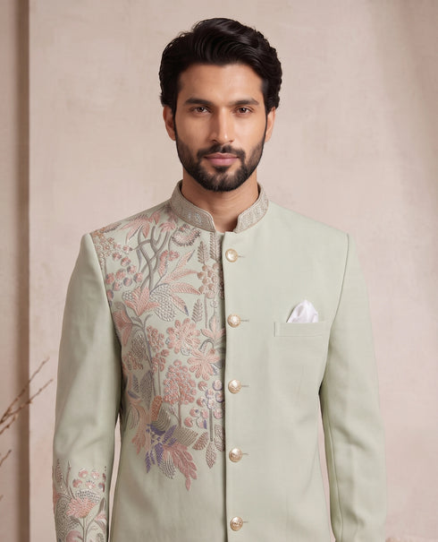 Light Pista Pure Lachka Mens Men's Jodhpuri - Close-up View | Samyak Fashion