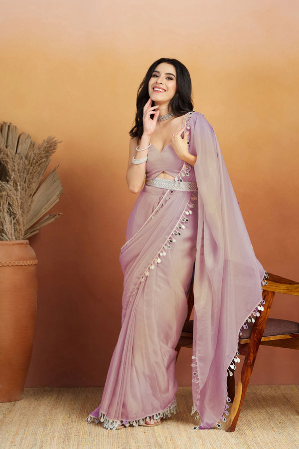 Light Purple Organza Garb These Party Wear Ready To Wear Saree In Fine Colored.these Saree Are Organza And Blouse Is Organza Fabricated.its Beautified With Solid With Heavy Lace Border Designer. With Blouse - Front View | Samyak Fashion