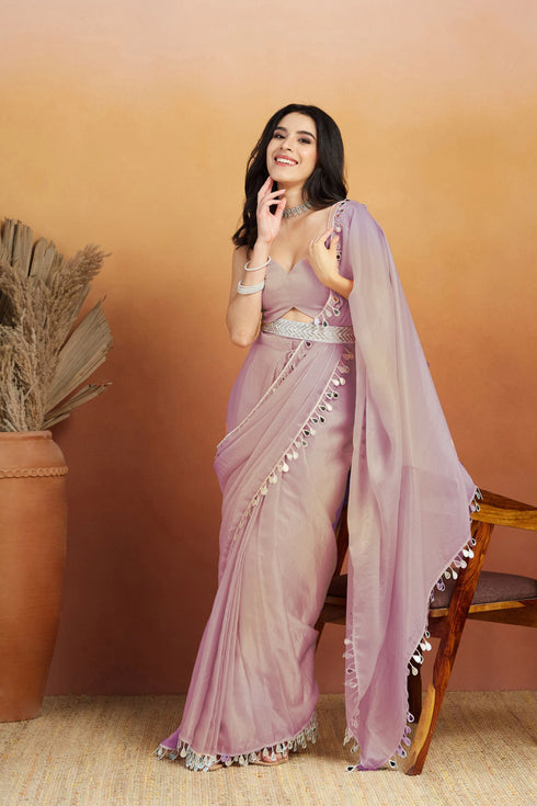 Light Purple Organza Saree With Blouse - Front View | Samyak Fashion