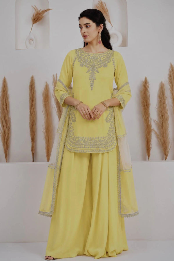 Light Yellow Pure Natural Crepe Silk Salwar Suit - Front View | Samyak Fashion