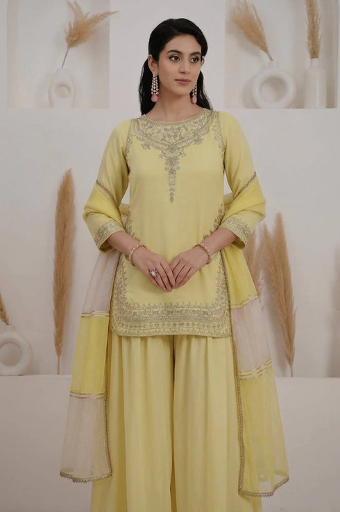 Light Yellow Pure Natural Crepe Silk Salwar Suit - Side View | Samyak Fashion